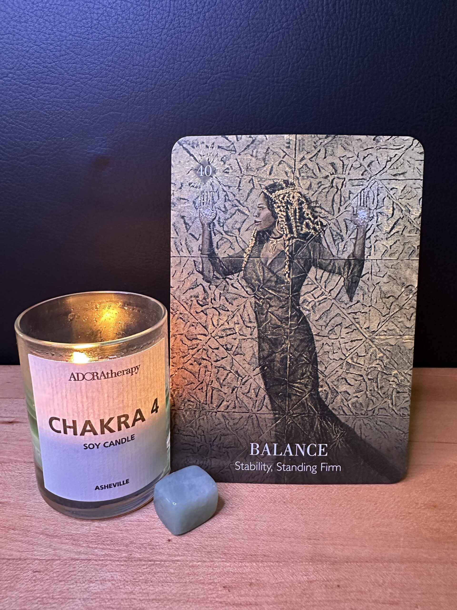 Priestess of Balance oracle card, chakra 4 candle, aventurine stone
