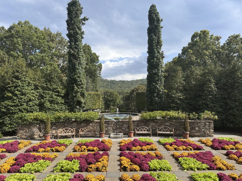 Mountain scenic overlooking the quilt garden at NC Arboretum in Asheville, NC