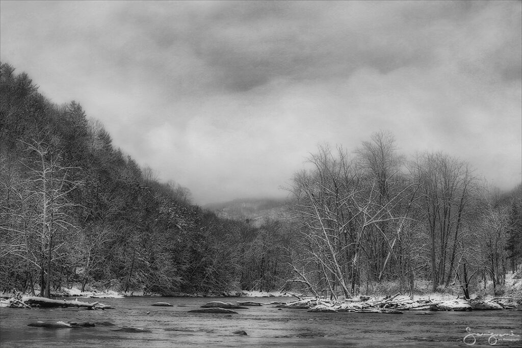 B/W image of Panther Creek in winter with snow