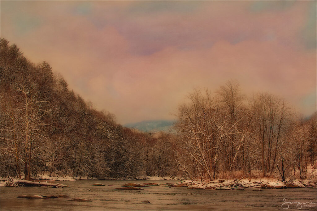 Panther Creek in Winter with Snow. Warm tones