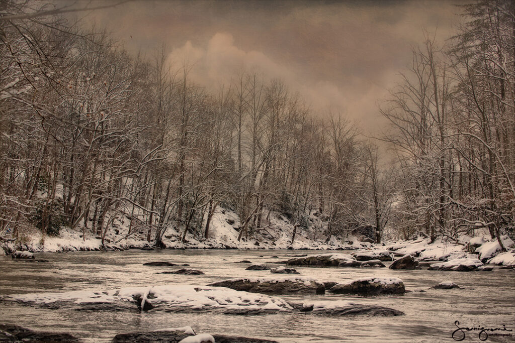 winter scene with snow and rock in Panther Creek