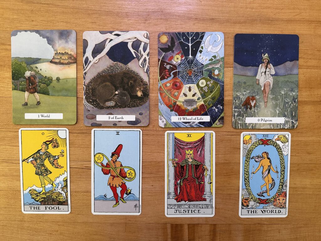 Two Tarot spreads from different decks.